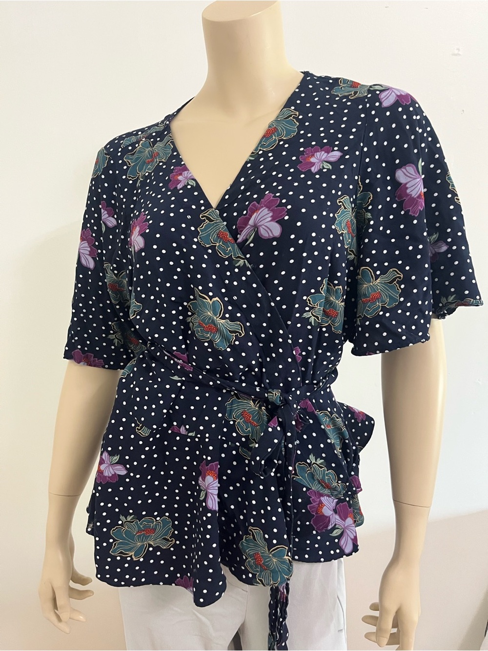 LOFT Navy Polka Dot Floral Blouse with Teal and Coral Accents